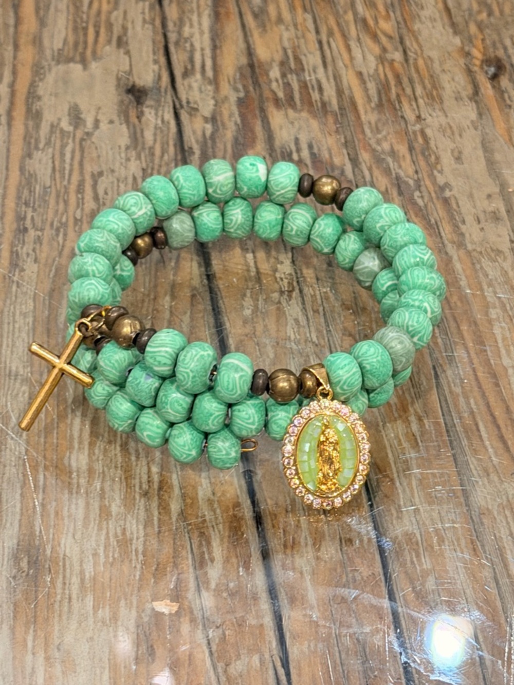 Green Beaded Wrap Rosary Bracelet with Gold Cross and Our Holy Mother